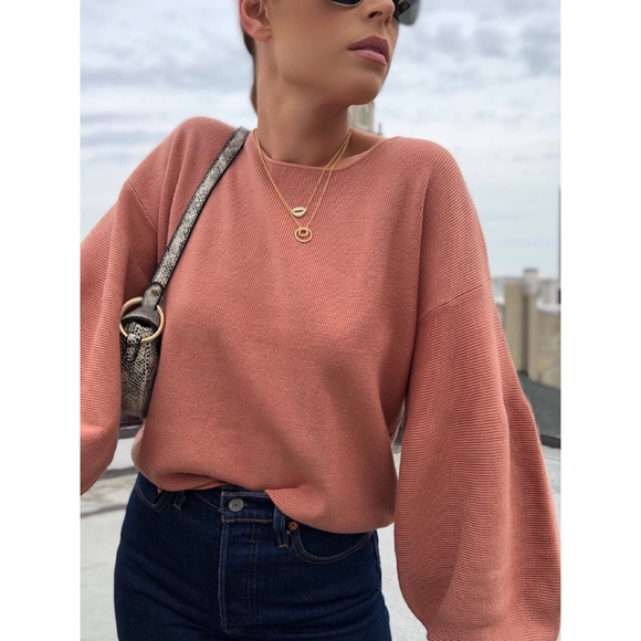 Yasmine Puff Sleeve Cozy Knit Sweater - Blush - Picture 2 of 8